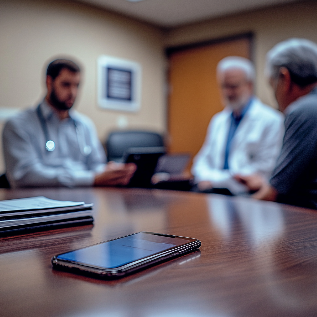 A mobile phone records a meeting in a cancer doctor's office